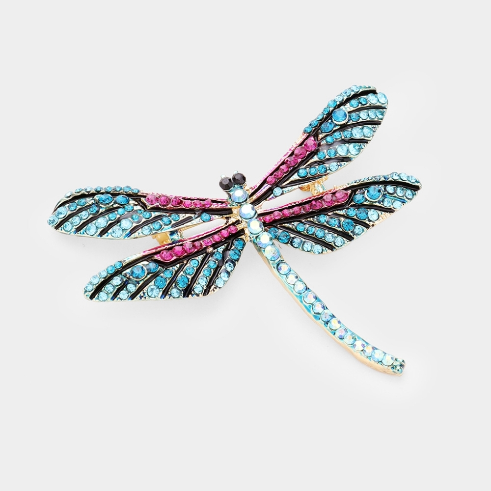 Blue Zircon Dragonfly Pin Rhinestone Crystal Brooch Statement Accessory